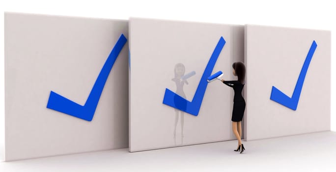 3d woman with three corrected big board concept on white background, front angle view