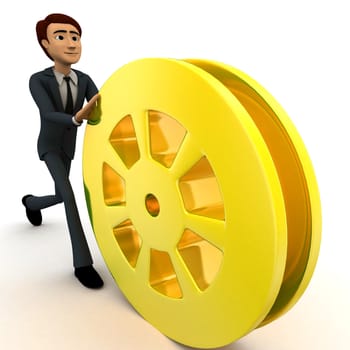 3d man rolling golden film reel concept on white background, front angle view