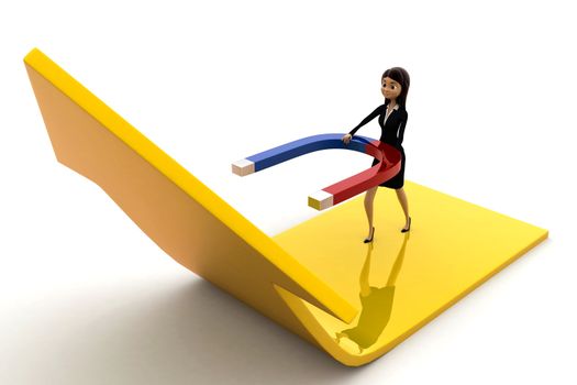 3d woman attract arrow up side using magnet concept on white background, front angle view