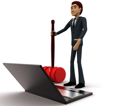 3d man with big red hammer and laptop concept on white background, side angle view