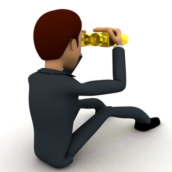 3d man looking through golden binocular concept on white background, side angle view