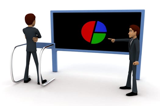 3d man pointing and showing pie graph to another man concept on white background, front angle view