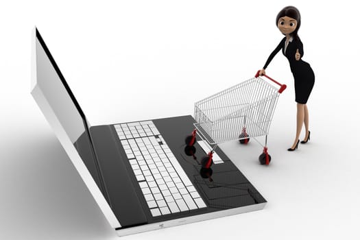 3d woman going for online shopping through laptop with cart concept on white background, side angle view