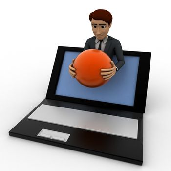 3d man show globe sphere through laptop screen concept on white background, front angle view