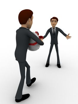 3d man welcoming and another person come with gift for him concept on white background, front  angle view