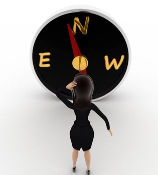 3d woman looks worried while looking direction on compass concept on white background, front angle view