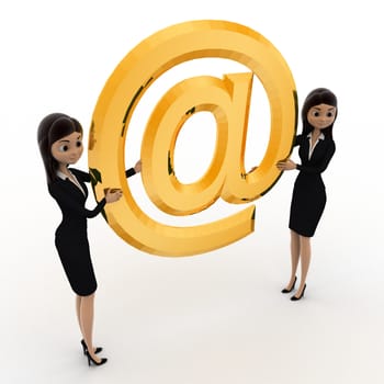3d woman holding big golden email icon concept on white background, top angle view