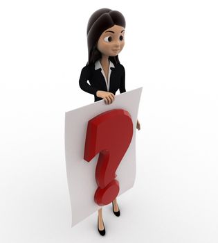3d woman with question mark board concept on white background, top angle view