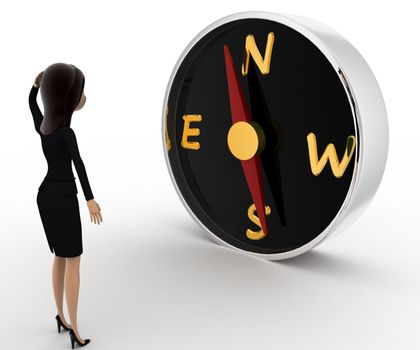 3d woman looks worried while looking direction on compass concept on white background, side angle view