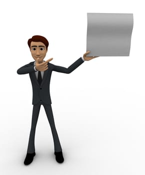 3d man showing empty paper in one hand and point with another hand concept on white background, front angle view