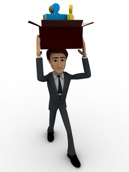 3d man holding box of puzzle pieces on head concept on white backgorund, front angle view