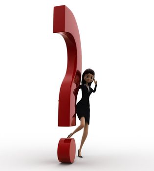 3d woman kicking dot of question mark concept on white background, side angle view