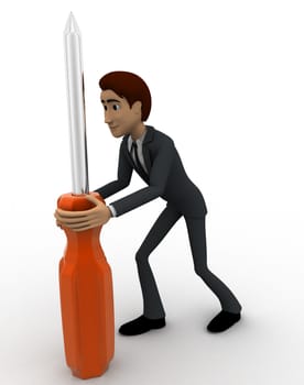 3d man holding big screw driver concept on white backgorund, sideangle view