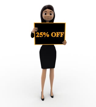3d woman holding 25 percentage discount board in hand concept on white background, front angle view