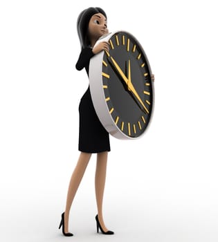 3d woman holding big clock in hand concept on white background, side angle view