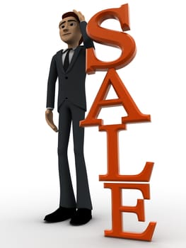 3d man tjinking near vertical sale text concept on white backgorund, side angle view