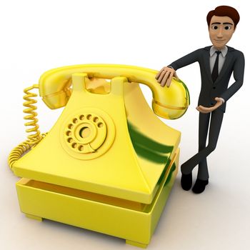 3d man with yellow telephone concept on white backgorund, front angle view