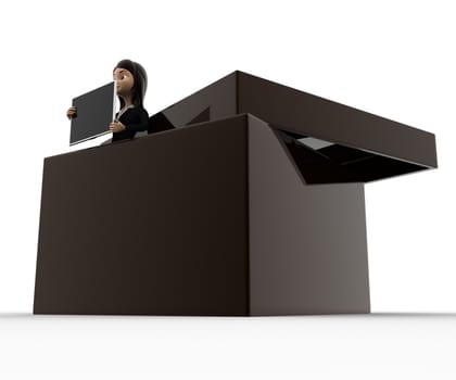 3d woman holding screen from inside box concept on white background, side angle view 