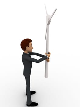 3d man holding small windmill in hand concept on white backgorund, side angle view