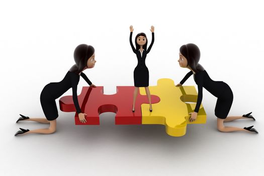 3d woman team solving puzzle concept on white background, front angle view