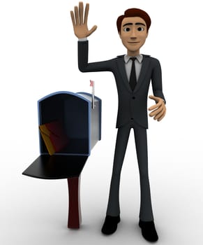 3d man with post box concept on white backgorund, front angle view