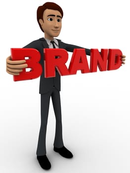 3d man holding brand text concept on white backgorund, left side angle view
