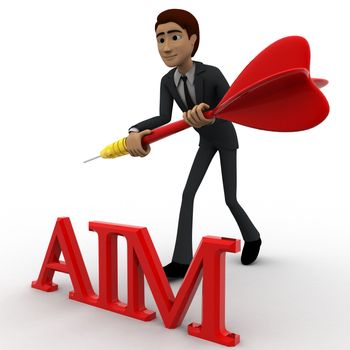 3d man holding dart in hands and with aim text concept on white backgorund, side angle view