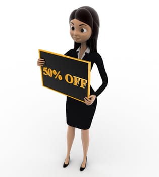 3d woman holding 50% off board in hnad concept on white background, side angle view