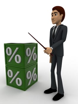 3d man with green percentage cube box concept on white backgorund, side angle view