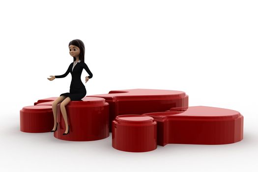 3d woman sitting on big red question makr concept on white background, front angle view