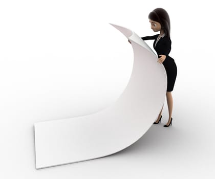 3d woman reading big blank paper concept on white background, side  angle view