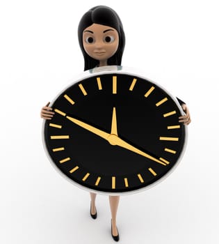 3d woman holding big clock in hand concept on white background, front angle view