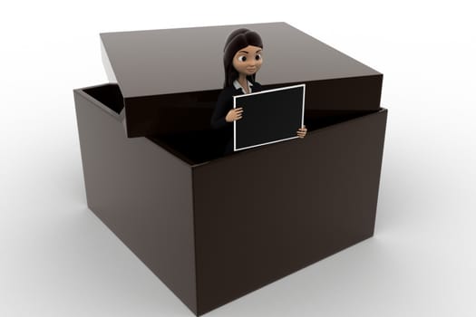 3d woman holding screen from inside box concept on white background, front angle view