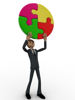 3d man holding four connect circular puzzle pieces concept on white backgorund, right side angle view