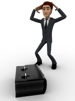 3d man in stress with big black briefcase concept on white backgorund, front angle view