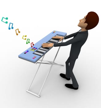 3d man play morden musical keyboard concept on white backgorund, side angle view