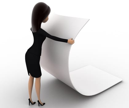 3d woman reading big blank paper concept on white background, side  angle view