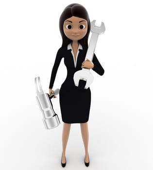 3d woman with hammer and wrench concept on white background, front angle view