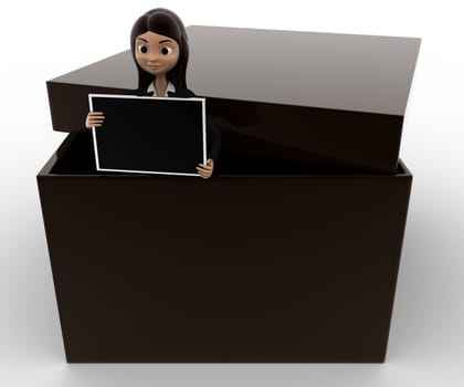 3d woman holding screen from inside box concept on white background, front angle view