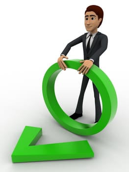 3d man holding circle and green right symbol concept on white backgorund, front angle view