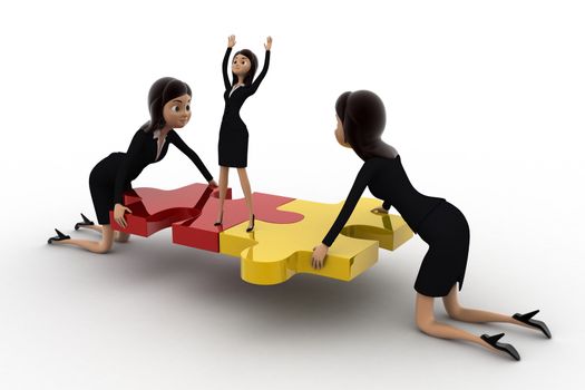 3d woman team solving puzzle concept on white background, side  angle view