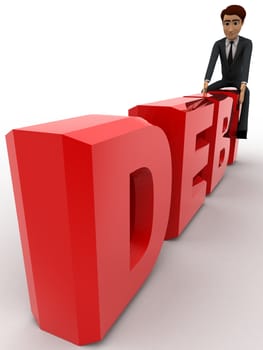 3d man sitting on debt text concept on white backgorund,  side angle view