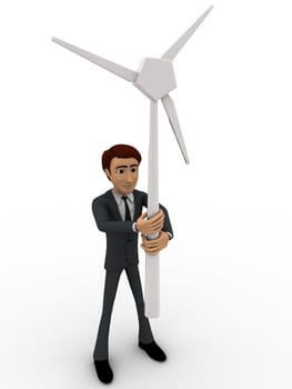 3d man holding small windmill in hand concept on white backgorund, front angle view