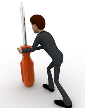 3d man holding big screw driver concept on white backgorund,  back angle view