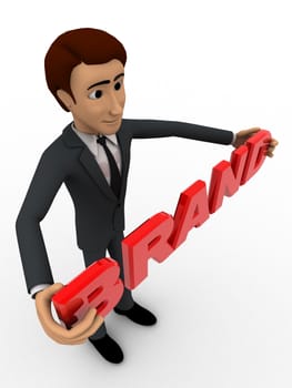3d man holding brand text concept on white backgorund,  top angle view