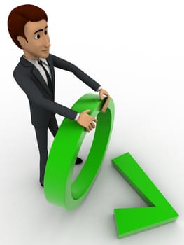 3d man holding circle and green right symbol concept on white backgorund, top angle view