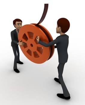 3d man holding film reel in hand concept on white backgorund,  side angle view