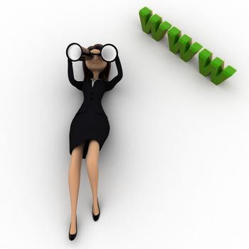 3d woman lying on floor and looking for website thourgh binocular concept on white background, top angle view