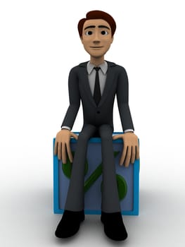 3d man sitting on percentage cube concept on white backgorund, front angle view