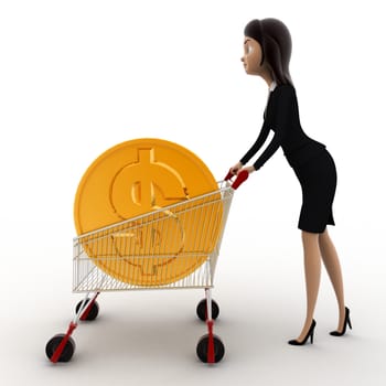 3d woman draw cart with golden coin of dollar concept on white background, side angle view
